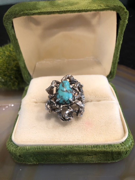 Vintage Brutalist ring turquoise stone and sterlin