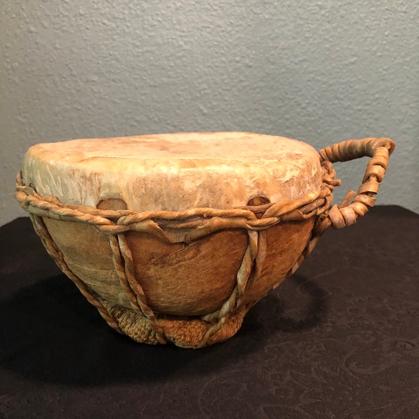 Vintage handmade tribal rawhide and wood drum, hide wooden drum rustic south western decor