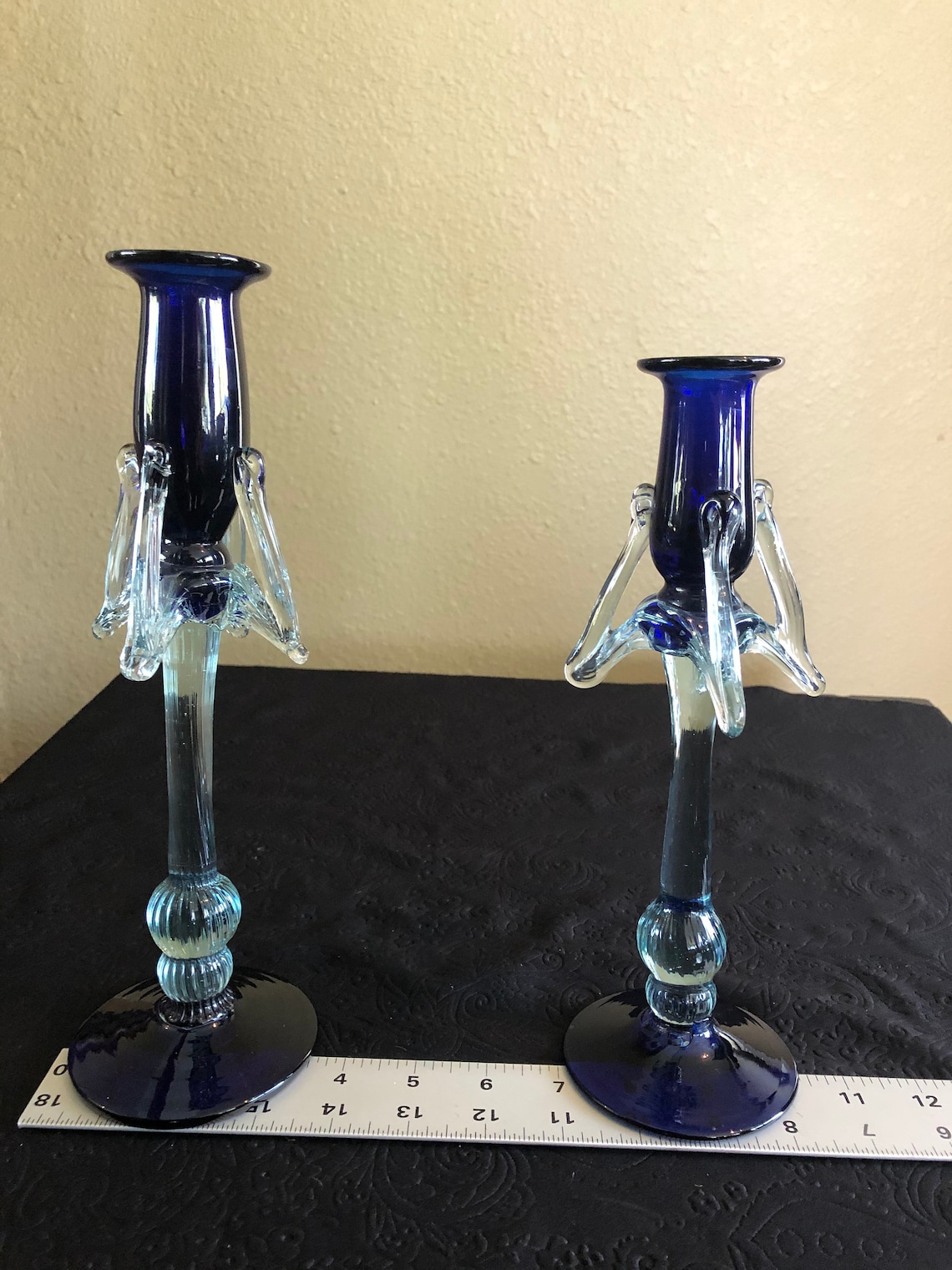 Vintage par de candelabros de vidrio soplado a mano azul Etsy