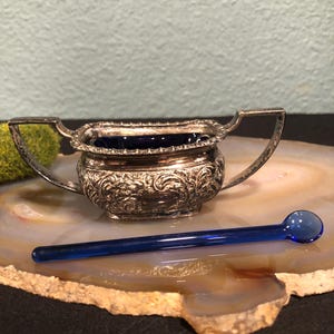 Antique Art Nouveau Silver Tone Salt Cellar with Blue Glass Insert & Spoon