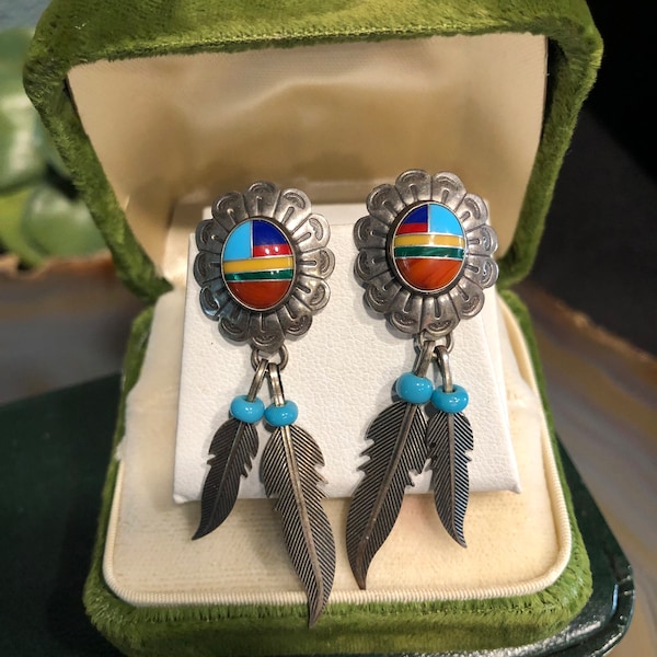 Vintage sterling silver mixed stone inlaid cabochon earrings dangling silver feathers, Southwestern boho dangle earrings