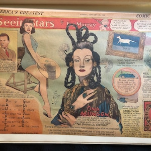 Lote vintage de siete (7) recortes de periódicos originales de 1942 en papel "Seein' Stars", tiras cómicas clásicas de chismes de Hollywood, Feg Murray