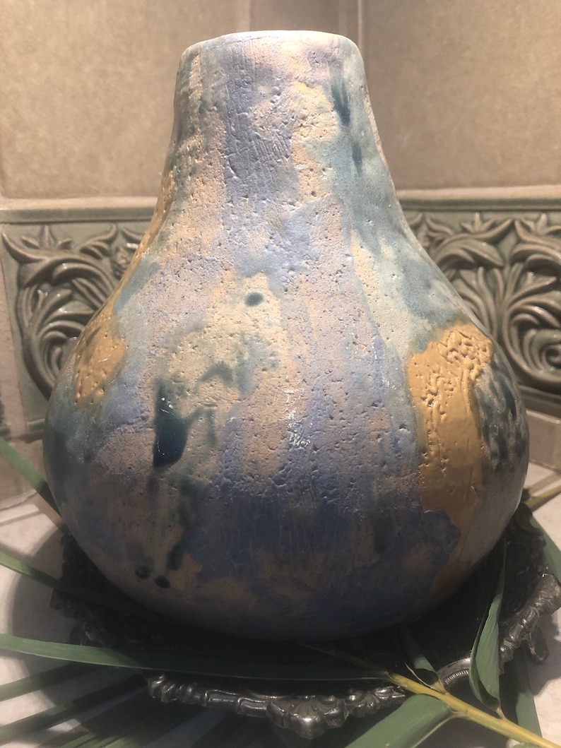 Vintage Handmade Studio Vase and a pop of violet tan beautiful shades of blue signed by artist on bottom