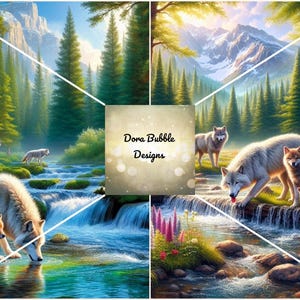 May include: A digital painting of a forest scene with a waterfall and a pack of wolves. The wolves are white and gray and are drinking from the water. The background is a lush green forest with mountains in the distance. The text "Dora Bubble Designs" is in the center of the image.