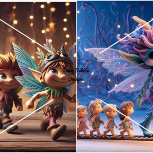 Puede incluir: Un grupo de figuritas de hadas caprichosas con alas coloridas y detalles intrincados. Las hadas están de pie sobre una superficie de madera con un fondo de luces parpadeantes.