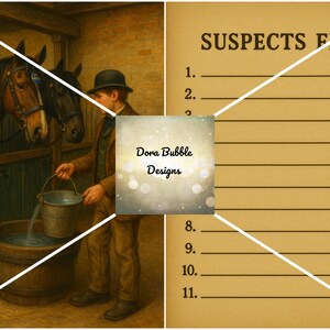 Puede incluir: Ilustraci&oacute;n art&iacute;stica de un hombre con sombrero vertiendo agua en un barril de madera, con tres caballos al fondo. La imagen tambi&eacute;n incluye un "Archivo de sospechosos" con l&iacute;neas numeradas y el texto "Dora Bubble Designs".