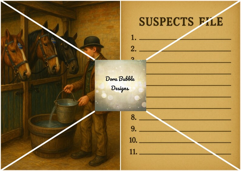 Puede incluir: Ilustraci&oacute;n art&iacute;stica de un hombre con sombrero vertiendo agua en un barril de madera, con tres caballos al fondo. La imagen tambi&eacute;n incluye un "Archivo de sospechosos" con l&iacute;neas numeradas y el texto "Dora Bubble Designs".