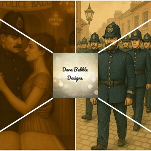 Puede incluir: Ilustraci&oacute;n digital de estilo vintage que representa escenas de polic&iacute;as. Una escena muestra a una pareja bailando en un baile, otra a una fila de oficiales marchando. La imagen tiene un tono sepia, evocando una sensaci&oacute;n hist&oacute;rica.