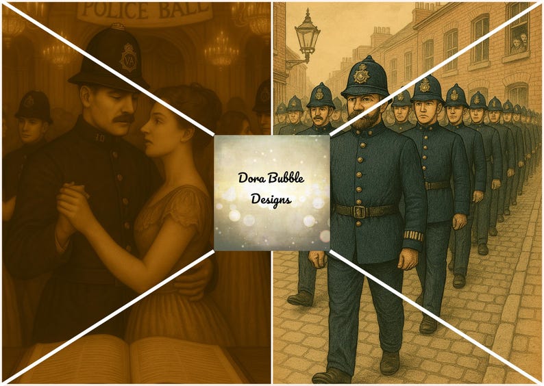 Puede incluir: Ilustraci&oacute;n digital de estilo vintage que representa escenas de polic&iacute;as. Una escena muestra a una pareja bailando en un baile, otra a una fila de oficiales marchando. La imagen tiene un tono sepia, evocando una sensaci&oacute;n hist&oacute;rica.