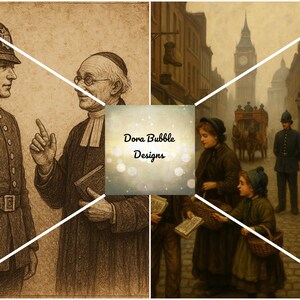 Puede incluir: Arte digital en tonos sepia que representa escenas del Londres victoriano. Un panel muestra a un polic&iacute;a hablando con un cl&eacute;rigo. Otro muestra una escena callejera con un carruaje tirado por caballos, gente y el Big Ben al fondo. El logotipo de Dora Bubble Designs es visible.