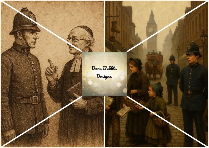 Puede incluir: Arte digital en tonos sepia que representa escenas del Londres victoriano. Un panel muestra a un polic&iacute;a hablando con un cl&eacute;rigo. Otro muestra una escena callejera con un carruaje tirado por caballos, gente y el Big Ben al fondo. El logotipo de Dora Bubble Designs es visible.
