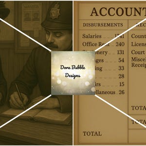 Puede incluir: Ilustraci&oacute;n vintage en tonos sepia que representa a un hombre con uniforme de polic&iacute;a y una mujer, posiblemente en un entorno de oficina. La imagen incluye un libro mayor con datos financieros y el texto "ACCOUNTS".