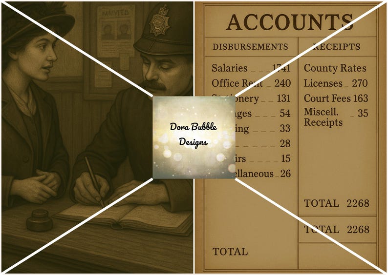 Puede incluir: Ilustraci&oacute;n vintage en tonos sepia que representa a un hombre con uniforme de polic&iacute;a y una mujer, posiblemente en un entorno de oficina. La imagen incluye un libro mayor con datos financieros y el texto "ACCOUNTS".