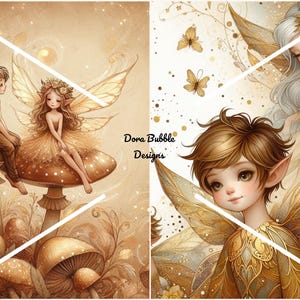 Puede incluir: Ilustración digital de hadas con alas doradas y sombreros de hongo. Una hada está sentada en un hongo, la otra de pie. El fondo es sepia con mariposas y detalles florales. El texto "Dora Bubble Designs" es visible.