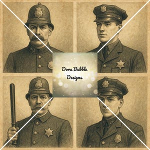 Puede incluir: Impresi&oacute;n de estilo vintage con cuatro retratos de polic&iacute;as uniformados. Dos oficiales llevan cascos y dos gorras. La imagen tiene un tono sepia y contiene el texto "Dora Bubble Designs" en el centro.