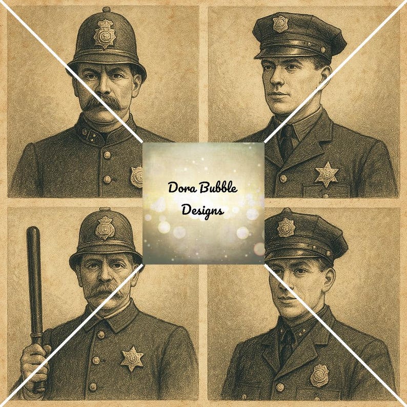 Puede incluir: Impresi&oacute;n de estilo vintage con cuatro retratos de polic&iacute;as uniformados. Dos oficiales llevan cascos y dos gorras. La imagen tiene un tono sepia y contiene el texto "Dora Bubble Designs" en el centro.