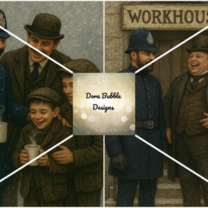 Puede incluir: Una ilustraci&oacute;n vintage muestra a un grupo de personas, incluidos polic&iacute;as y ni&ntilde;os, con ropa de &eacute;poca. Est&aacute;n sonriendo y sosteniendo tazas, lo que sugiere una escena amistosa. La palabra "WORKHOUSE" es visible encima de una puerta.