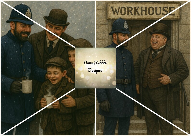 Puede incluir: Una ilustraci&oacute;n vintage muestra a un grupo de personas, incluidos polic&iacute;as y ni&ntilde;os, con ropa de &eacute;poca. Est&aacute;n sonriendo y sosteniendo tazas, lo que sugiere una escena amistosa. La palabra "WORKHOUSE" es visible encima de una puerta.
