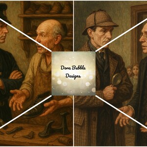 Puede incluir: Una pintura de estilo antiguo representa a cuatro hombres en un entorno de &eacute;poca. Un oficial de polic&iacute;a, un zapatero, un hombre con una lupa y un caballero con traje conversan. La escena sugiere un tema hist&oacute;rico o de detectives.