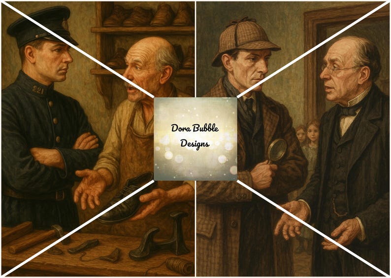 Puede incluir: Una pintura de estilo antiguo representa a cuatro hombres en un entorno de &eacute;poca. Un oficial de polic&iacute;a, un zapatero, un hombre con una lupa y un caballero con traje conversan. La escena sugiere un tema hist&oacute;rico o de detectives.