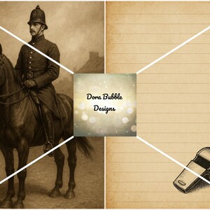 Puede incluir: Ilustraci&oacute;n en tonos sepia de un oficial de polic&iacute;a montado a caballo con uniforme, un caballo, papel rayado y un silbato. El oficial lleva un casco y est&aacute; montado en un caballo oscuro. Incluye el texto "Dora Bubble Designs".