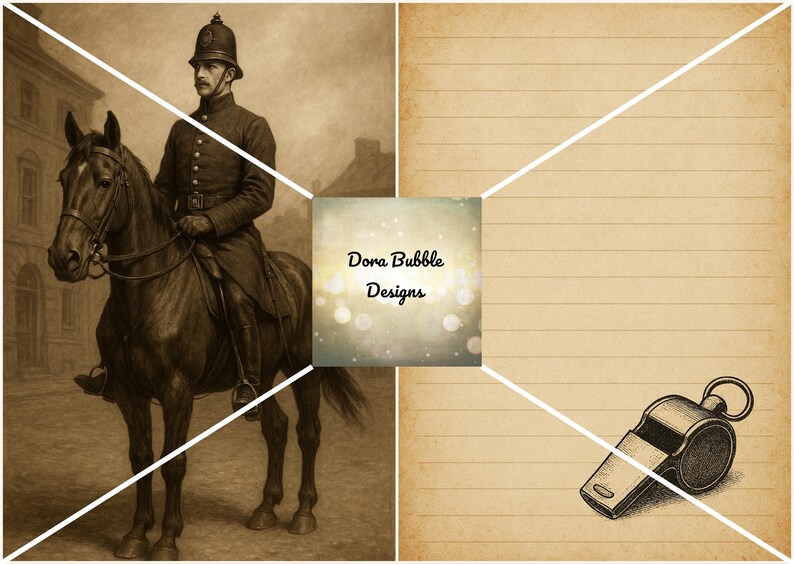 Puede incluir: Ilustraci&oacute;n en tonos sepia de un oficial de polic&iacute;a montado a caballo con uniforme, un caballo, papel rayado y un silbato. El oficial lleva un casco y est&aacute; montado en un caballo oscuro. Incluye el texto "Dora Bubble Designs".