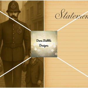 Puede incluir: Ilustraci&oacute;n en tonos sepia que presenta a un oficial de polic&iacute;a de la &eacute;poca victoriana con uniforme, tomados de la mano con dos ni&ntilde;os. El fondo muestra una escena callejera. La imagen tambi&eacute;n incluye el texto "Statement" y el logo "Dora Bubble Designs".