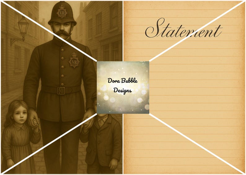Puede incluir: Ilustraci&oacute;n en tonos sepia que presenta a un oficial de polic&iacute;a de la &eacute;poca victoriana con uniforme, tomados de la mano con dos ni&ntilde;os. El fondo muestra una escena callejera. La imagen tambi&eacute;n incluye el texto "Statement" y el logo "Dora Bubble Designs".