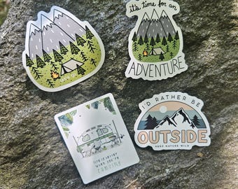 Camping Sticker Pack – Waterproof Outdoor Adventure Stickers for Water Bottles, Journals, & Laptops | Nature, Mountains, Camper Vinyl Decals