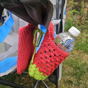 crochet chair caddy- Drink and phone holder for camping chairs, summer crochet accessory, outdoor cup and cell pouch