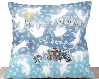 White and Blue Cat pillowcase with zipper. 18x18 (45x45 cm) in. Winter landscape. Christmas cat gift. Snowfall, snowflakes.