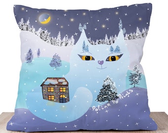 Cat pillow cover with funny winter. 18 x 18 in. Winter snowy landscape. Christmas landscape, small house. Cat lover gift.