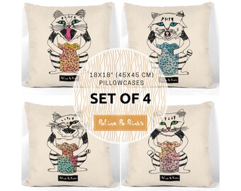 Boho pillow covers 18x18 set of 4. Kitten pillow covers. Book nook Cat Decor for cat lovers. Funny pillow. Phycology. Christmas in July