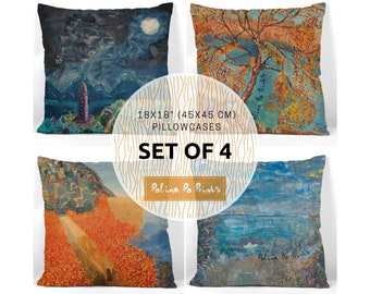 Boho Pillow Covers Set of 4. Birthday gift ideas for ART LOVERS. Autumn landscape. Oil painting print. Forest fantasy landscape. Mountains.