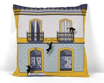 Travel lover gift. Evora, Portugal. Accent pillow covers 18 x 18, 20 x 20, 16 x 16 in. Yellow House Print. Black cat gifts for women.