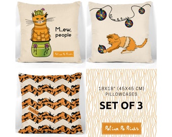 Cat pillow covers 18x18 in set of 3. Boho couch pillow set. Cat lover gift. Christmas in July. Cushion covers with zipper. Orange cat decor.