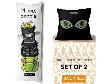 Black cat boho pillow covers set of 2. Body pillow and square cat pillow cases black and white. Cactus sarcastic cat and green cat eyes.