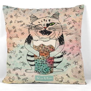 Cat pillowcase. Winking smile cat. Emotions. Choleric. Funny gift. Cat sketch. Dorm decor.