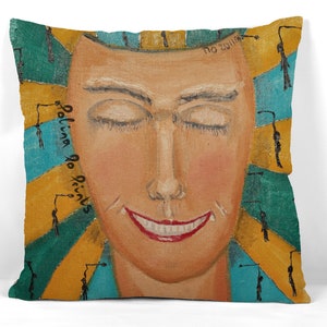Trippy yellow pillow cover with - positive - art – psychedelic boho decor for dorm, teen room, or cheerful home accent