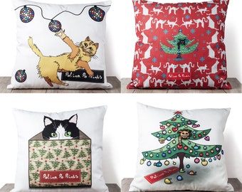 Christmas pillow covers 18 x 18 set of 4, with zipper, Cat decor for home, Cushion cover couch, Cat lover gift, holiday cat pillow