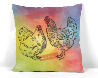 Funny Chicken Art on Easter Pillow Covers 18x18 (16x16, 20x20). Farmhouse Decor for Kitchen. Bright home decor.