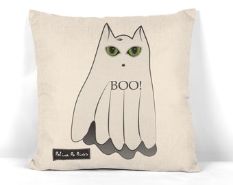 Pillow Cover with Cat ghost. 18 x 18 in. Halloween decor gifts funny.