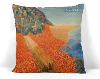 Orange PILLOWCASE with Magic Forest, Landscape Scene on Bench Cushion, Naive Art, Fall Pillow Cover, Yoga Studio Decor