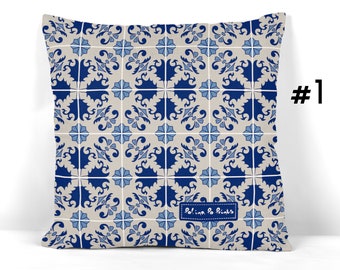 Azulejos portuguese blue pattern pillowcase (with orange, yellow accents). Customize pillow case. Gift for home buyer. Blue accent pillow.