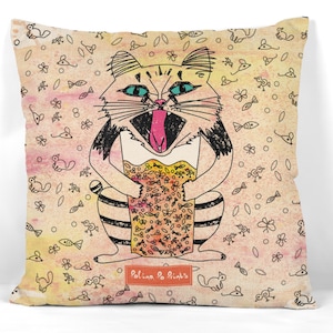 Dorm decor. Emotions. Smile cat on Bench Cushion. Funny optimist is Cat face pillow. Cat sketch on Yellow pillow cover. Pet Cushion