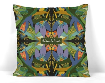 Botanical pillow cover with green seamless leaves and flowers – modern boho throw, nature-inspired decor, vibrant chic cushion case