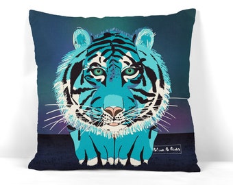 Tiger Pillow Cover with Classic or Blue Tiger – Jungle Animal Throw, Boho Cat Cushion, Funny Dorm Decor, Bold Tiger Lover Gift