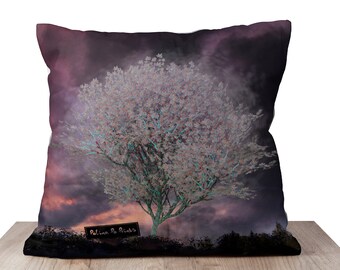 Window seat cushion cover (18 x 18 in) in Fairy Tale Art style with purple fantasy tree of life. Book Pillow. Housewarming gift. Tree Art.