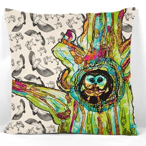 Funda de almohada de búho con un peculiar patrón de búho y un árbol colorido: decoración caprichosa para el hogar para los amantes de los búhos, decoración de dormitorios o un acogedor rincón de lectura.