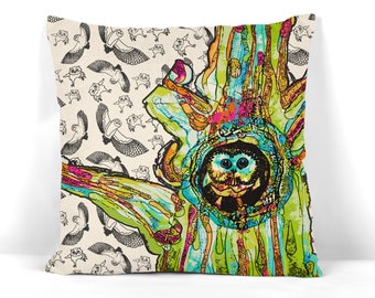 Owl pillow cover with quirky owl pattern and colorful tree – whimsical home decor for owl lovers, dorm decor, or cozy reading nook